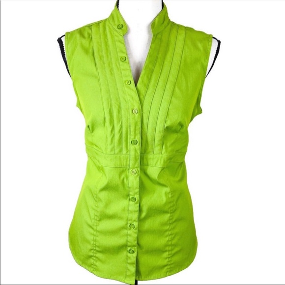 Como Stretch Tops - Como Stretch Green Sleeveless Mock Neck Button Up